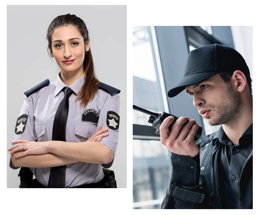 about01 a female security guard standing and a male security guard over walkie-talkie